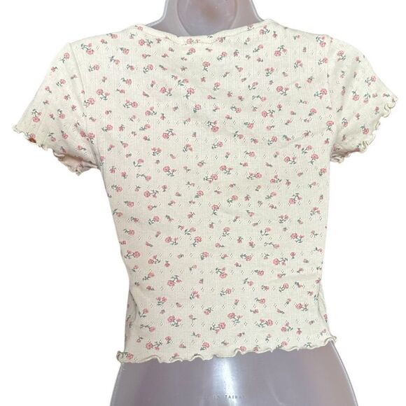 Pink Rose Neutral Floral Cropped Baby Tee Shirt Top - Picture 2 of 5